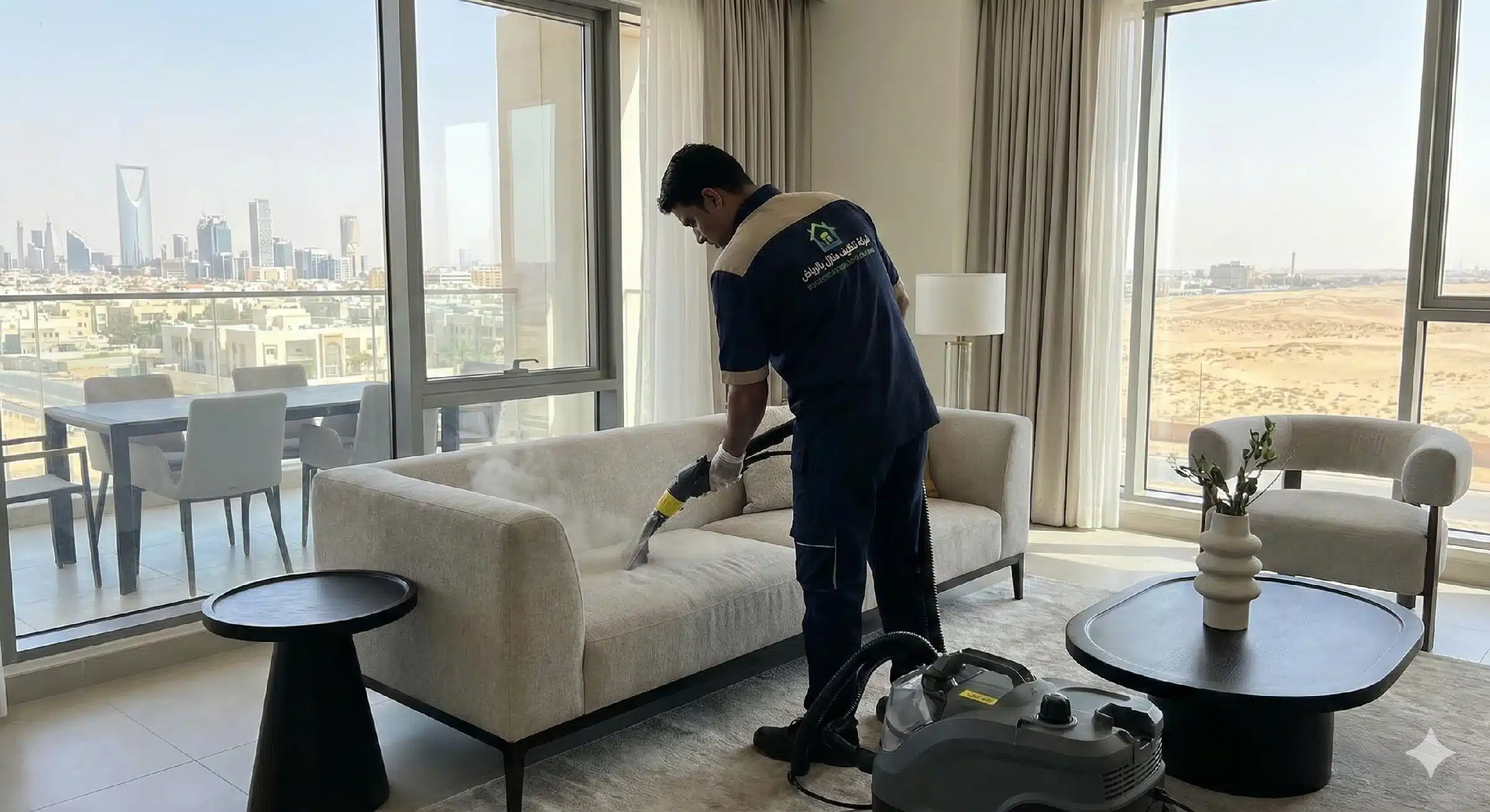 شركة تنظيف منازل بالرياض | دليل أفضل خدمات النظافة لعام 2026 2 عامل متخصص من شركة تنظيف منازل بالرياض يقوم بتنظيف غرفة معيشة عصرية