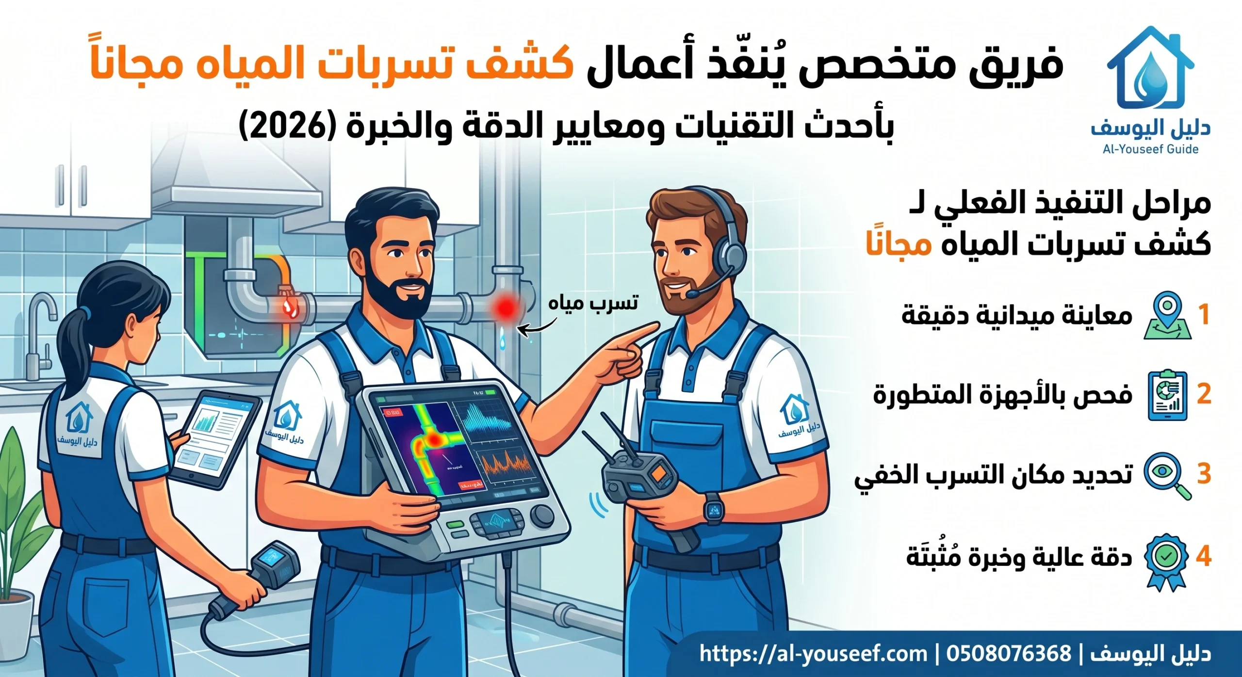 فريق متخصص يُنفّذ أعمال كشف تسربات المياه مجانا بأحدث التقنيات