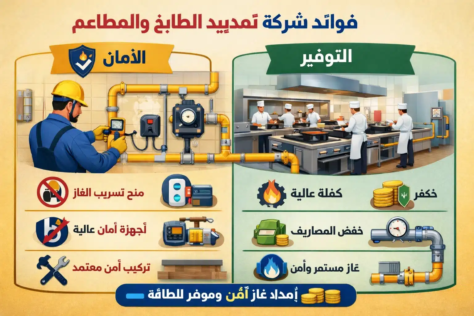 شركة تمديد الغاز المطابخ والمطاعم: الدليل الشامل لاختيار الحل الآمن والاحترافي في الرياض 3 رسم توضيحي يظهر فوائد شركة تمديد الغاز المطابخ والمطاعم من حيث الأمان والتوفير