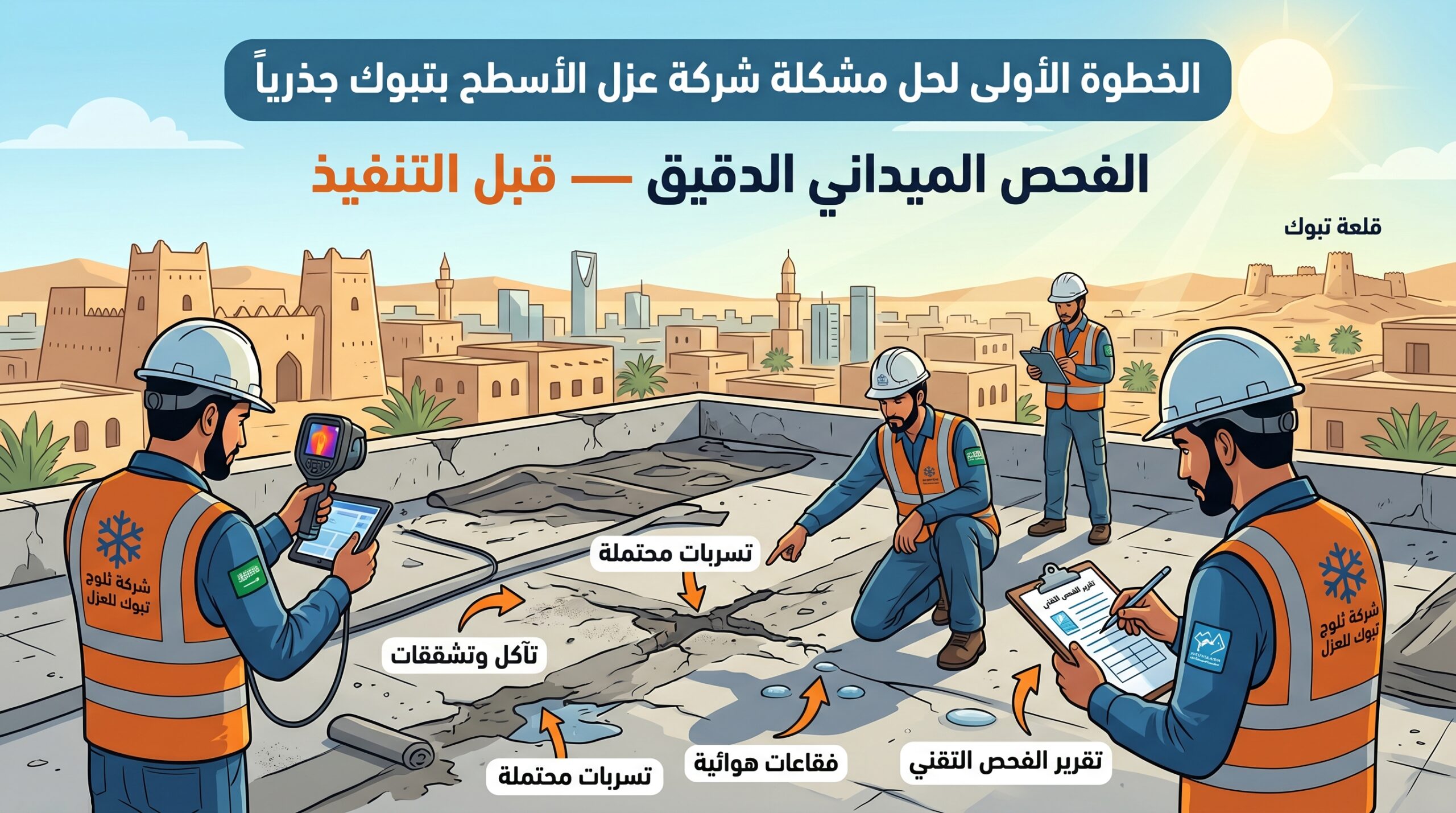 فريق عمل متخصص أثناء تطبيق عزل الأسطح في تبوك بأحدث المعدات